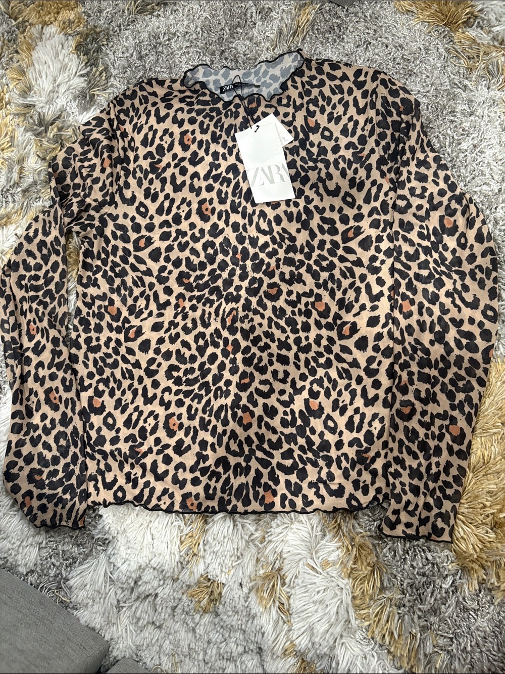 Zara Leopard Print Long Sleeve Mesh Top - Tan & Black